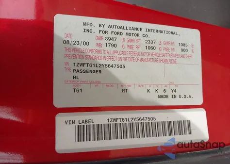 2000 Mercury Cougar V6 from USA, damaged, VIN 1ZWFT61L2Y5647505